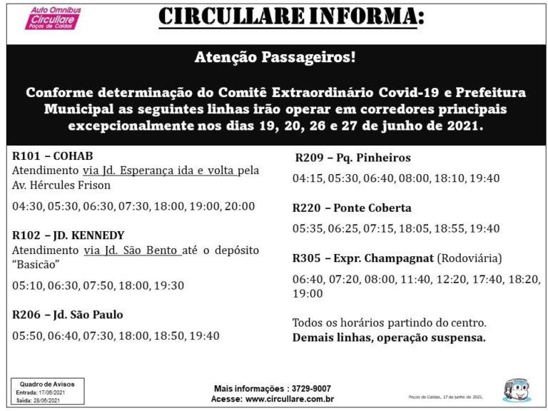 Transporte coletivo vai funcionar com seis linhas no fim de semana
