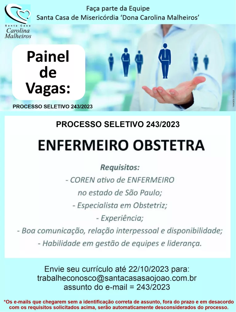 Santa Casa em São João da Boa Vista abre vaga para enfermeiro/obstetra   