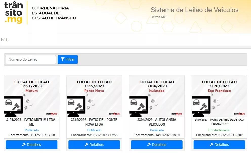 Detran tem 12 leilões em andamento e sete previstos em Minas Gerais