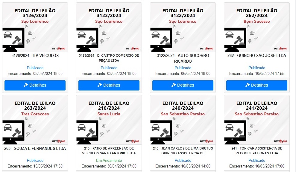 Detran-MG anuncia 14 leilões para maio