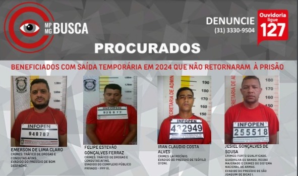 MP divulga fotos de 24 presos que não retornaram ao sistema prisional após a saidinha de fim de ano