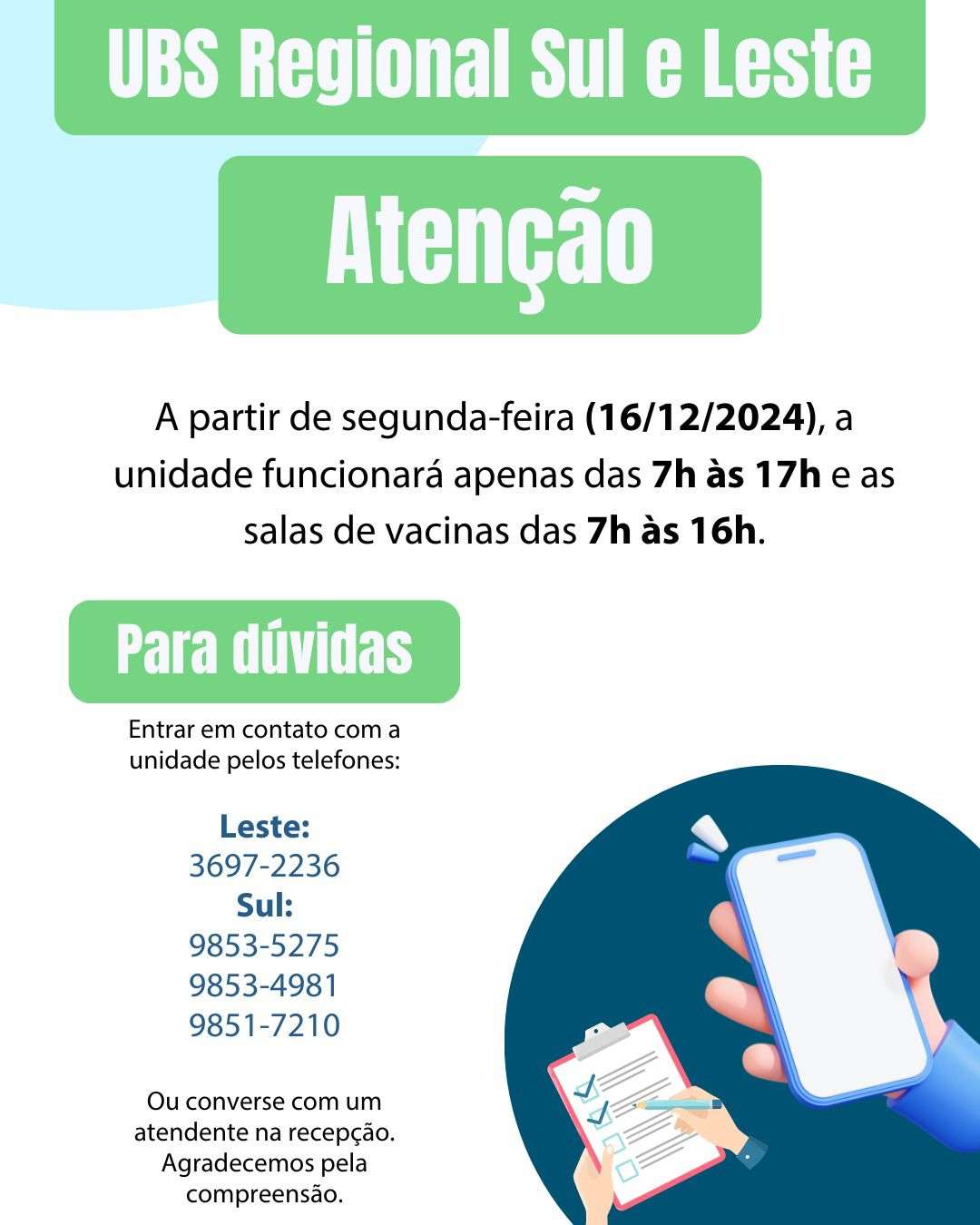 Unidades de Saúde sul e leste terão novo horário de funcionamento