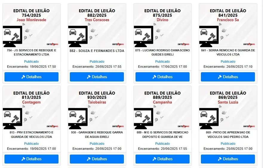 calendário de leilão de veículos do Detran-MG