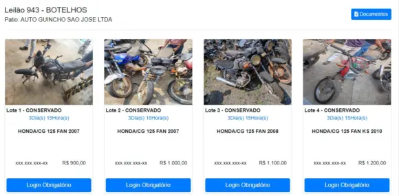 leilão de veículos, botelhos
