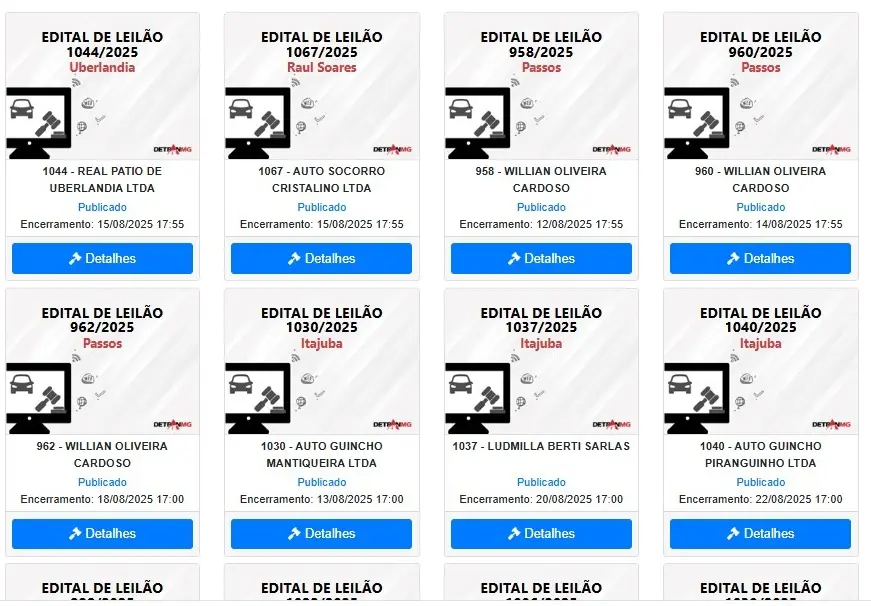 Confira o calendário de leilão de veículos do Detran-MG