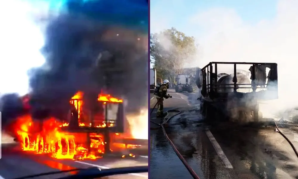 Carreta com bobinas de ferro pega fogo na Fernão Dias, em Pouso Alegre
